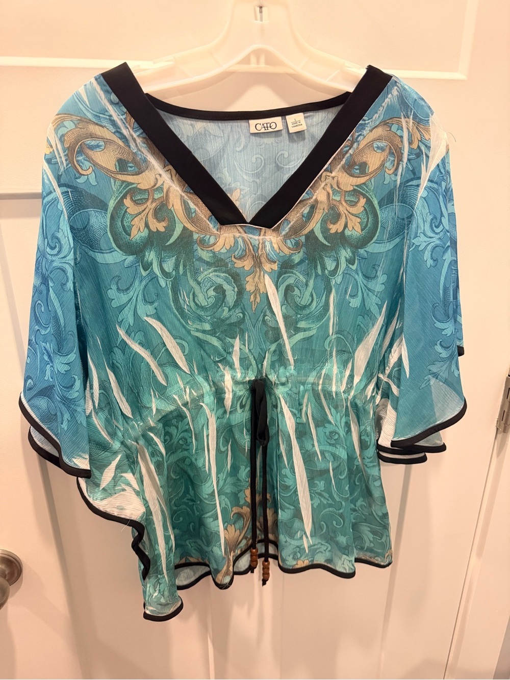 Cato Turquoise Boho Print Flutter Sleeve Drawstring Top Large